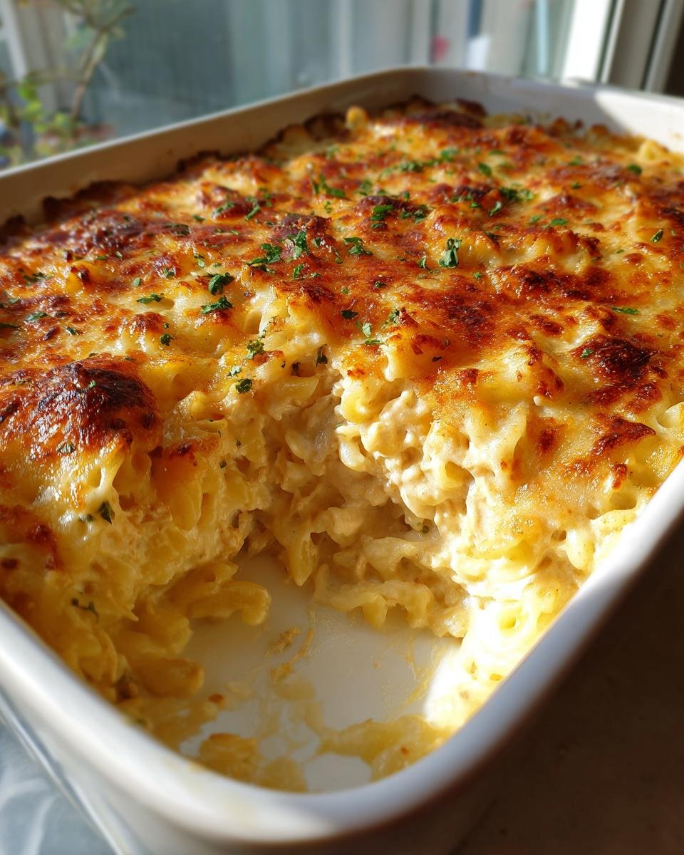 A close-up shot of a freshly baked Cheesy Tuna Noodle Casserole in a white baking dish, with golden-brown cheesy topping.