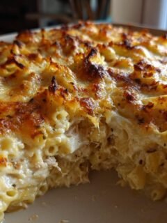 A close-up, angled view of a baked Cheesy Tuna Noodle Casserole in a baking dish, showing golden-brown cheesy pasta and tuna.