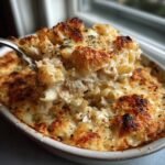 Close-up of a fork lifting a serving of Cheesy Tuna Noodle Casserole, showing pasta, tuna, and creamy sauce with a golden-brown crust.