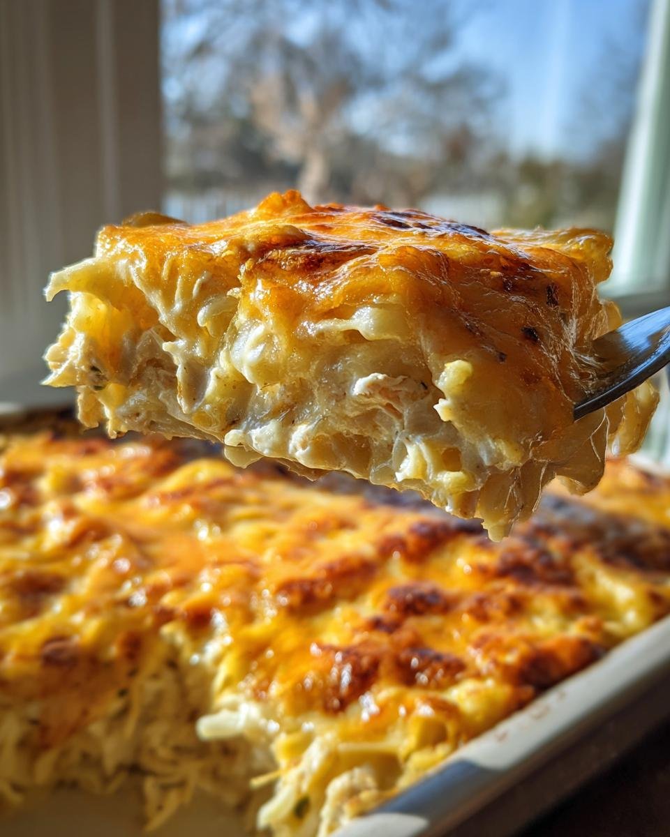 A fork lifting a generous slice of Cheesy Tuna Noodle Casserole, revealing creamy noodles and tuna topped with melted, bubbly cheese.