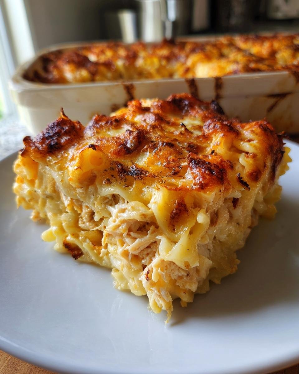 A close-up of a slice of Cheesy Tuna Noodle Casserole on a white plate, showing noodles, tuna, and melted cheese.