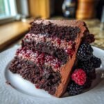 A decadent slice of Chocolate Blackberry Layer Cake, showcasing rich chocolate cake layers, blackberry filling, and chocolate frosting, garnished with fresh berries.