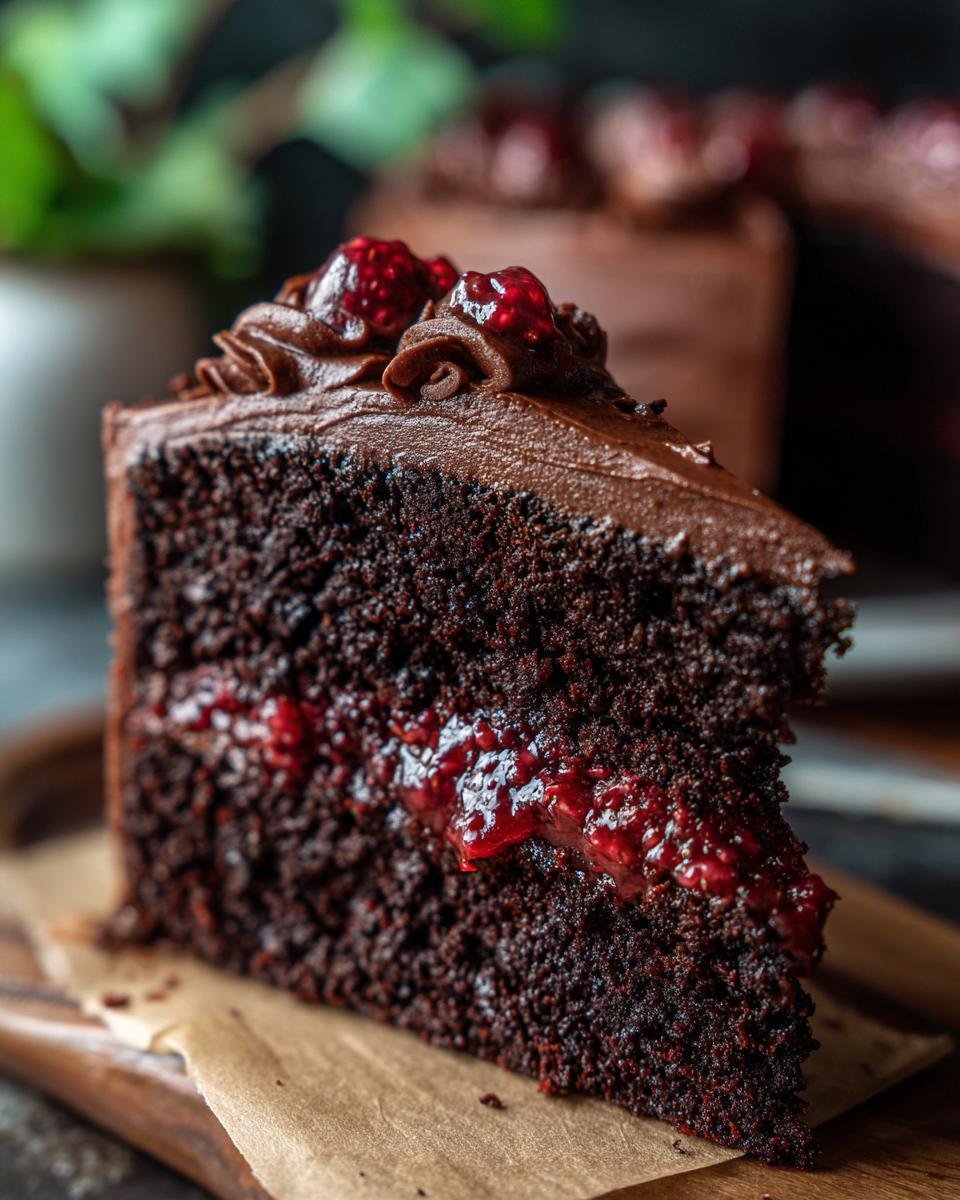 A decadent slice of Chocolate Blackberry Layer Cake, showcasing rich chocolate cake, blackberry filling, and chocolate frosting.