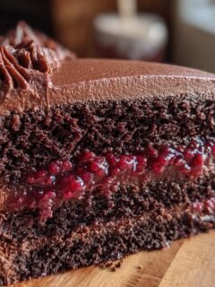 A close-up view of a slice of Chocolate Blackberry Layer Cake, showcasing rich chocolate cake layers and a vibrant blackberry filling.