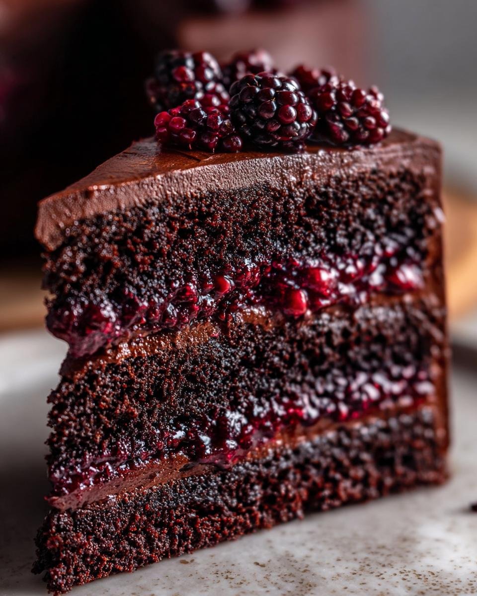 A decadent slice of Chocolate Blackberry Layer Cake, showcasing rich chocolate cake layers filled with blackberry jam and topped with fresh blackberries.