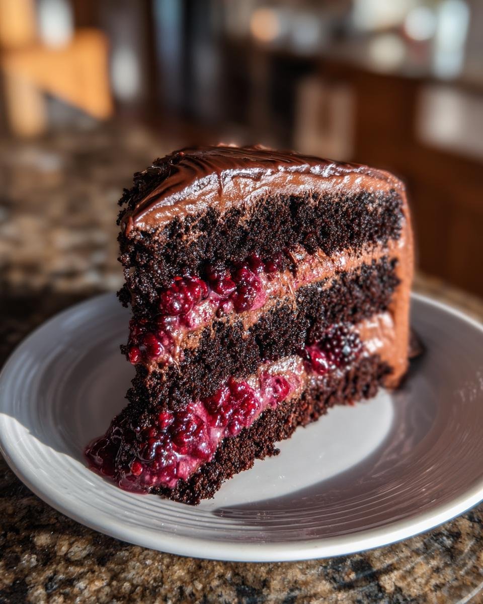 A decadent slice of Chocolate Blackberry Layer Cake, showcasing rich chocolate cake, creamy frosting, and a generous blackberry filling.