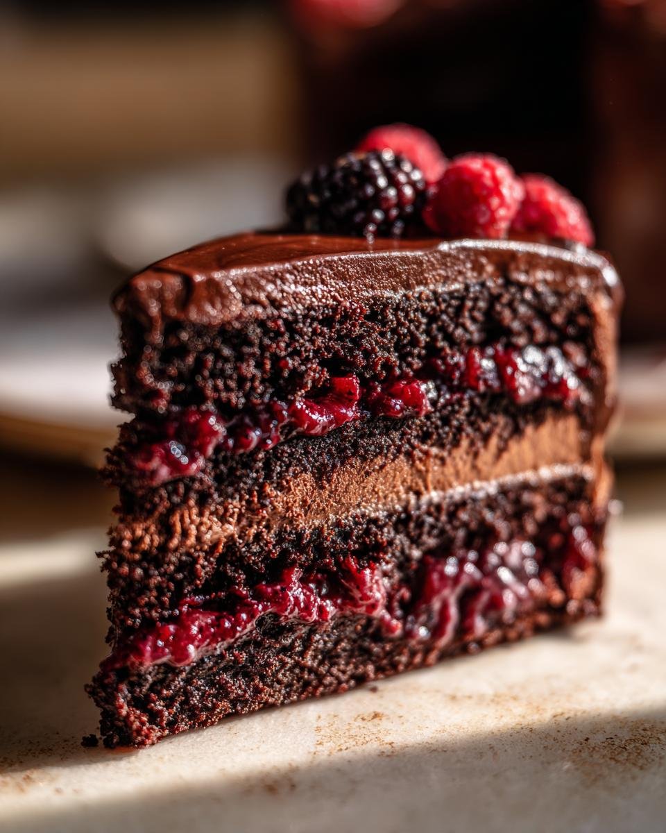 A decadent slice of Chocolate Blackberry Layer Cake, showcasing rich chocolate cake, creamy frosting, and a vibrant blackberry filling.