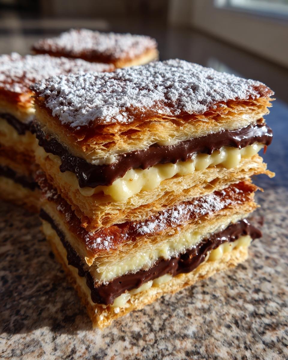 Close-up of a Chocolate Dulce de Leche Millefeuille, showing layers of puff pastry, chocolate cream, and dulce de leche cream, dusted with powdered sugar.