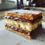 A delicious slice of Chocolate Dulce de Leche Millefeuille, showcasing layers of puff pastry, chocolate cream, and dulce de leche.