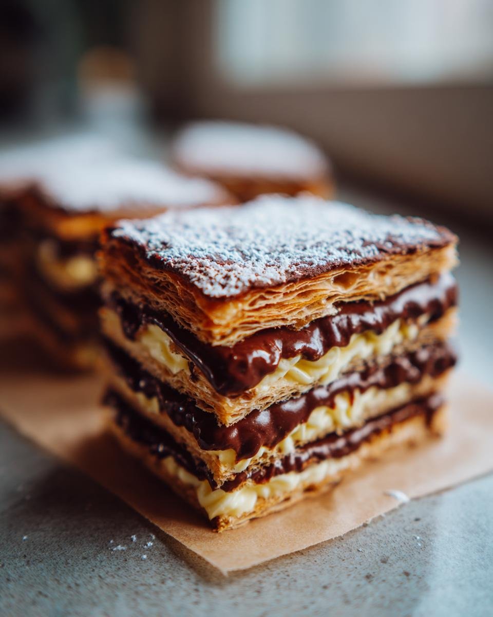 A close-up of a decadent Chocolate Dulce de Leche Millefeuille, dusted with powdered sugar.