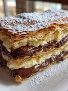A decadent slice of Chocolate Dulce de Leche Millefeuille, layered with puff pastry, chocolate cream, and vanilla cream, dusted with powdered sugar.