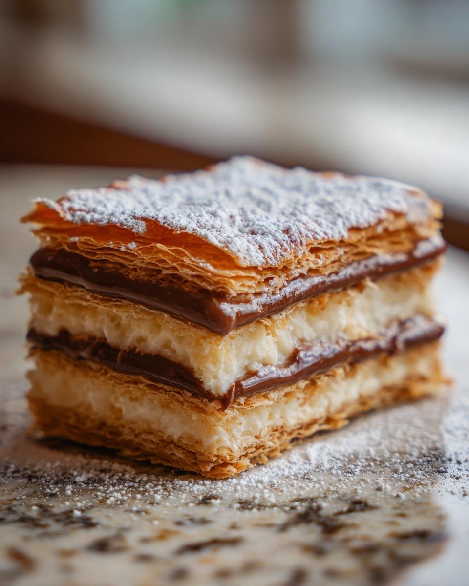 A close-up of a Chocolate Dulce de Leche Millefeuille, dusted with powdered sugar, showing layers of puff pastry, cream, and chocolate.