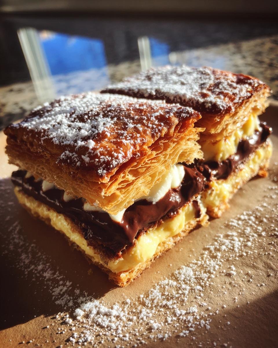 Close-up of two slices of Chocolate Dulce de Leche Millefeuille, dusted with powdered sugar.