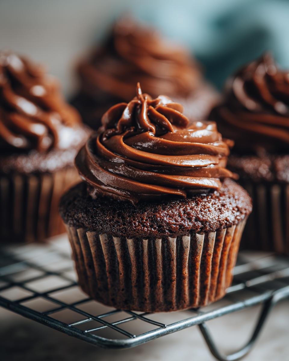 Close-up of a decadent Chocolate Ganache Cupcake with rich frosting on a cooling rack.