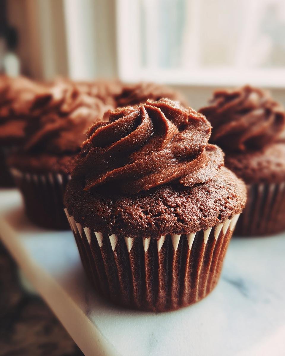 Close-up of a decadent Chocolate Ganache Cupcake with swirls of rich chocolate frosting.