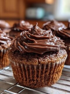 Close-up of delicious Chocolate Ganache Cupcakes with rich chocolate frosting on a wire cooling rack.