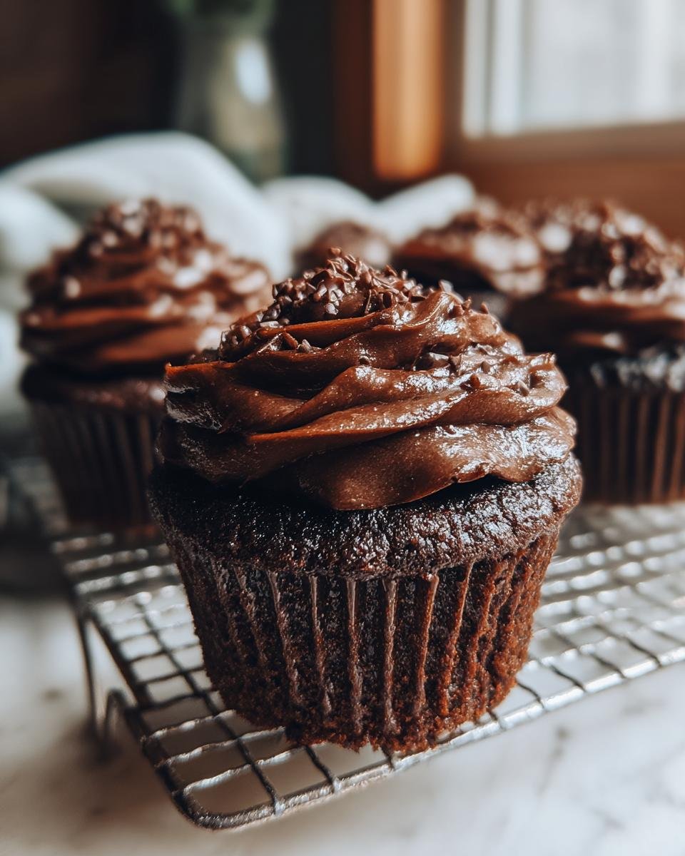 Close-up of a decadent Chocolate Ganache Cupcake topped with swirls of frosting and chocolate sprinkles.