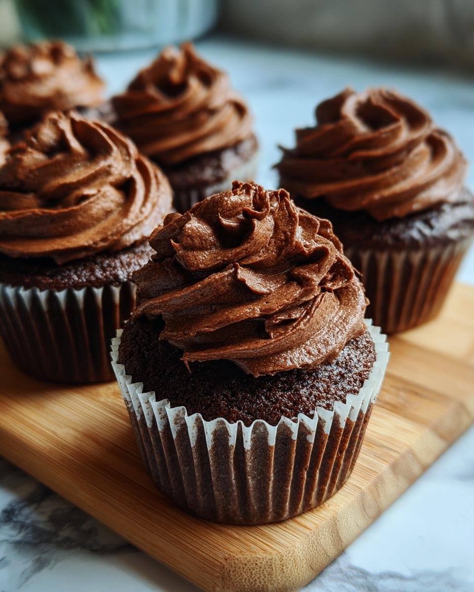 Close-up of a decadent Chocolate Ganache Cupcake with swirls of rich chocolate frosting.