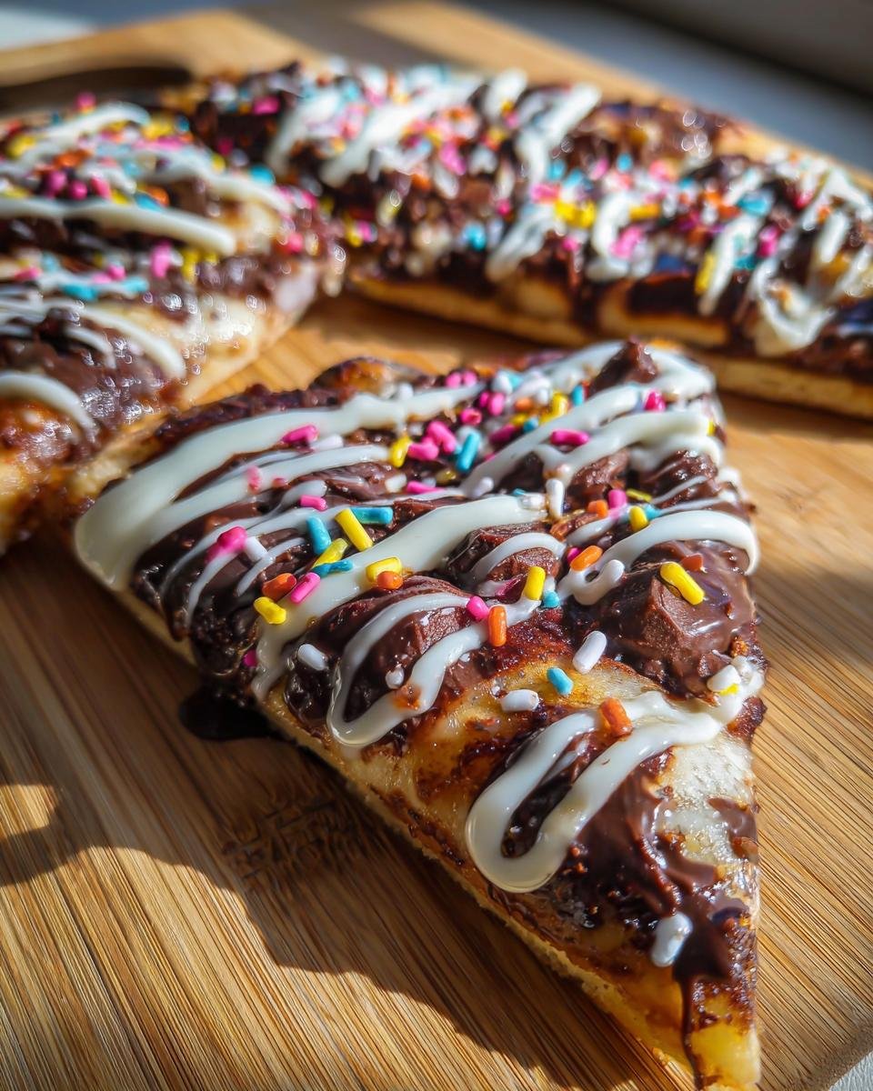 A close-up of a slice of chocolate pizza, topped with melted chocolate, white icing drizzle, and colorful sprinkles.