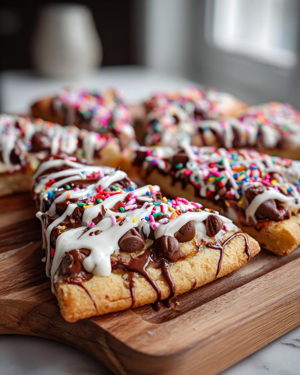 Close-up of slices of chocolate pizza topped with chocolate chips, white icing drizzle, and colorful sprinkles.