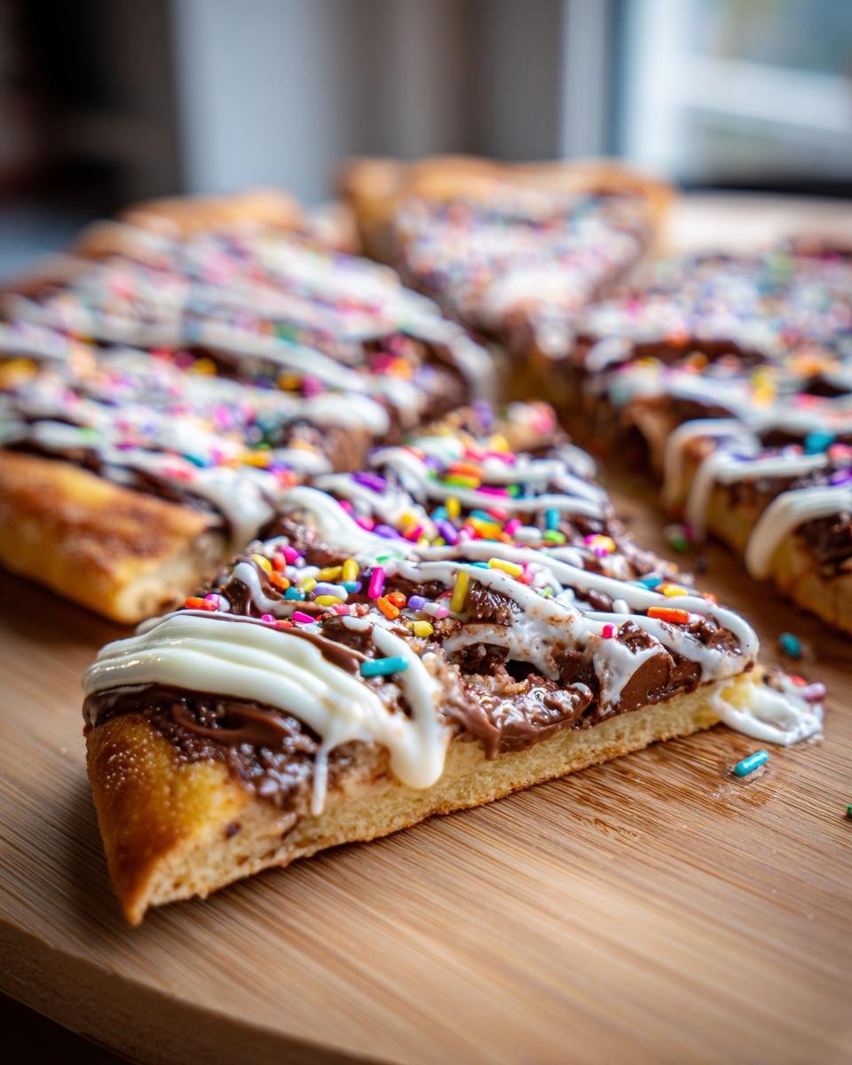 Close-up of several slices of Chocolate Pizza topped with chocolate spread, white icing, and colorful sprinkles.