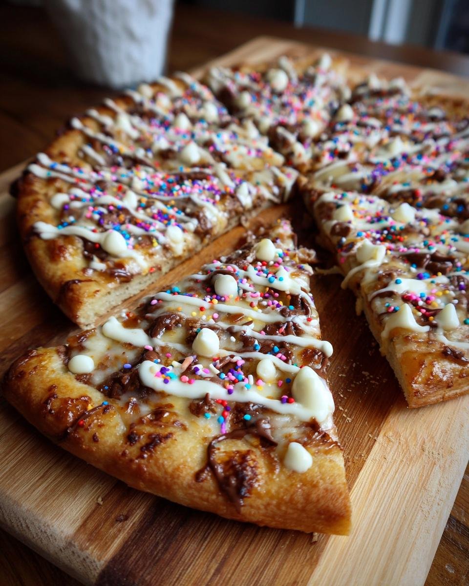 A slice of delicious Chocolate Pizza topped with white chocolate drizzle, chocolate chips, and colorful sprinkles.