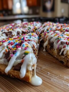 A close-up shot of a freshly baked Chocolate Pizza, drizzled with white icing and colorful sprinkles.
