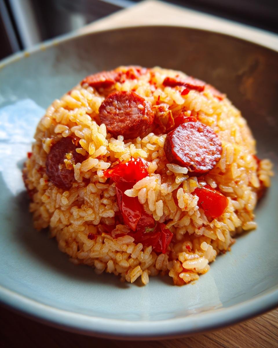 Close-up of a bowl filled with delicious Chorizo and Tomato Rice, featuring rice, sliced chorizo, and red tomato pieces.