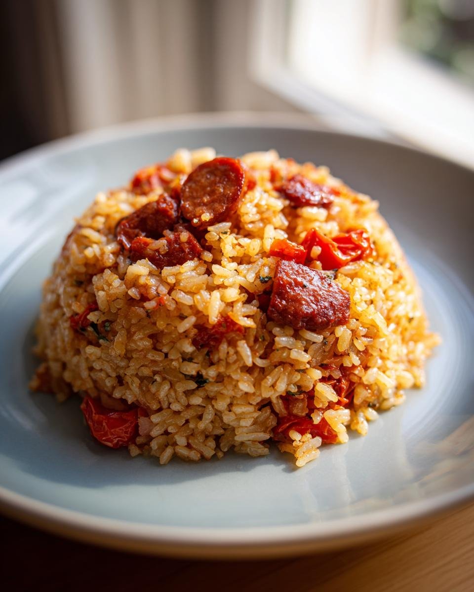 A close-up of a mound of Chorizo and Tomato Rice served on a light blue plate.