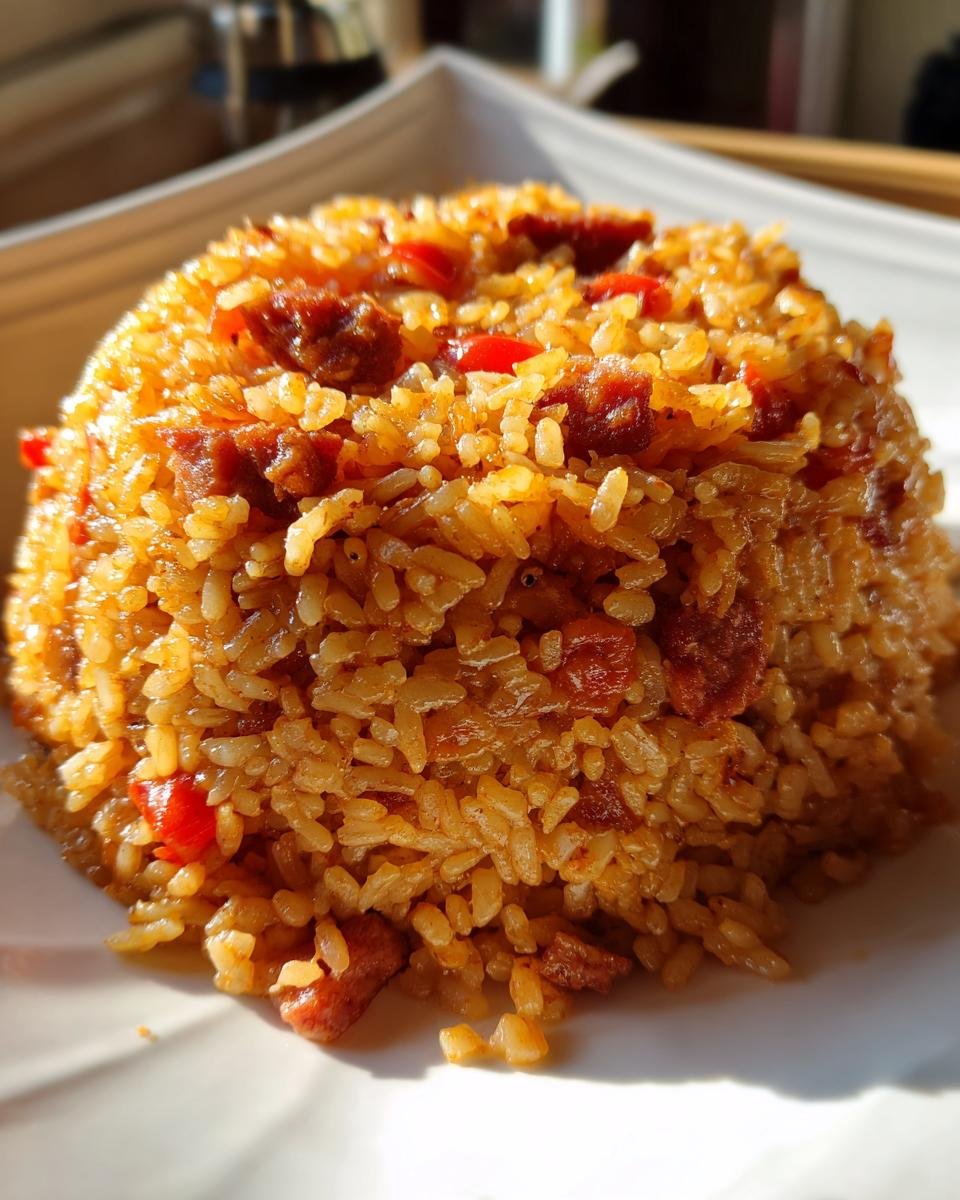 Close-up of a mound of delicious Chorizo and Tomato Rice, showcasing chunks of chorizo and red peppers mixed with fluffy rice.