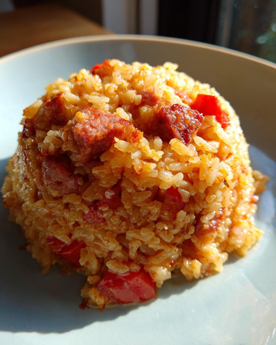 A close-up of a serving of Chorizo and Tomato Rice, showing chunks of chorizo sausage and red tomatoes mixed with fluffy rice.