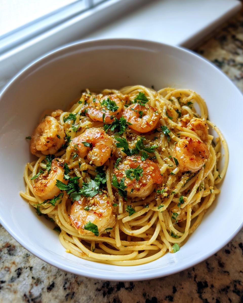 A close-up of a white bowl filled with spaghetti topped with perfectly cooked shrimp and fresh parsley.