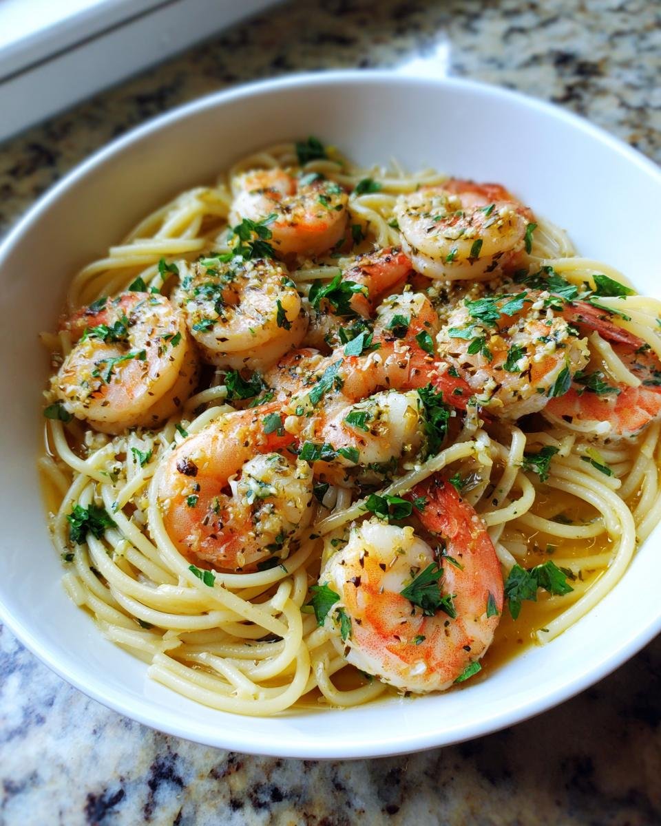 A close-up of a white bowl filled with spaghetti and topped with succulent cooked shrimp and fresh parsley.