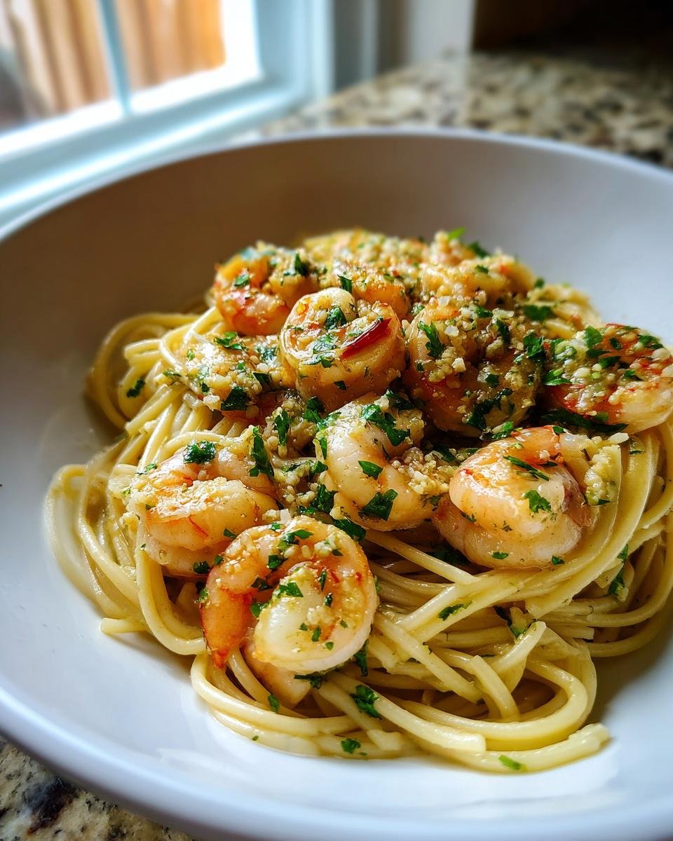 Close-up of a white bowl filled with spaghetti topped with succulent cooked shrimp, garlic, herbs, and a light sauce.