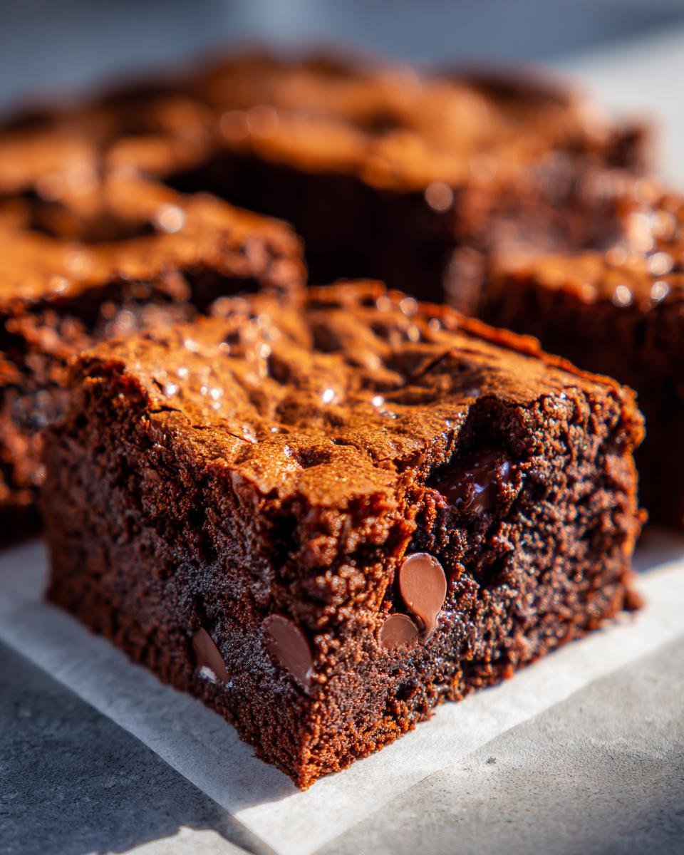 Close-up of a rich, fudgy Copycat Starbucks Double Chocolate Brownie with visible chocolate chips.