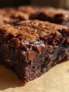 A close-up of a rich, fudgy Copycat Starbucks Double Chocolate Brownie with visible chocolate chips.