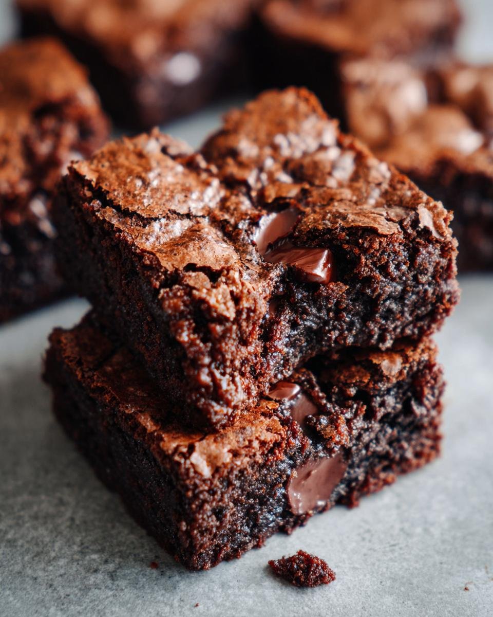 A close-up stack of two Copycat Starbucks Double Chocolate Brownies, showing gooey melted chocolate chips.