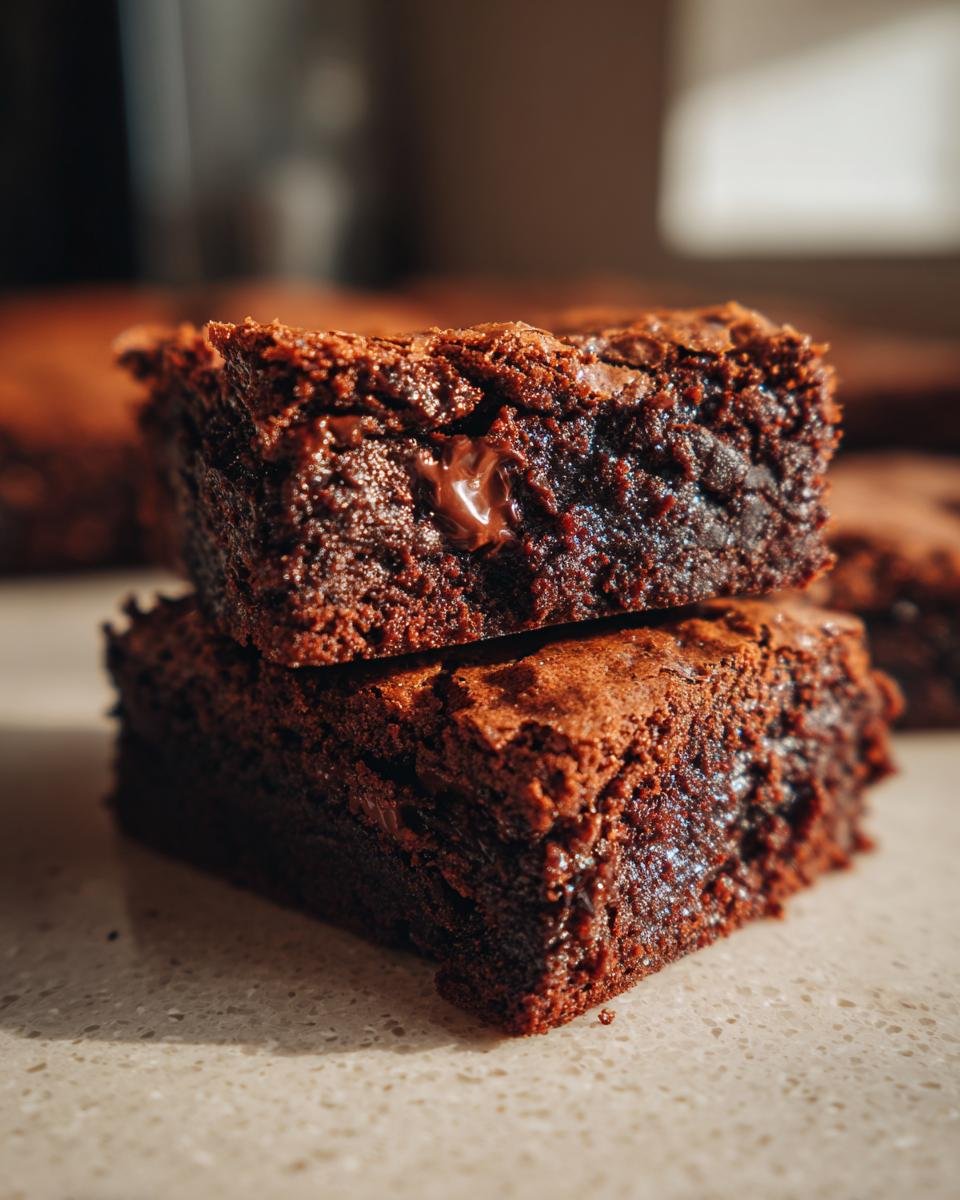 Close-up of two Copycat Starbucks Double Chocolate Brownies stacked, showing rich chocolate chips and fudgy texture.