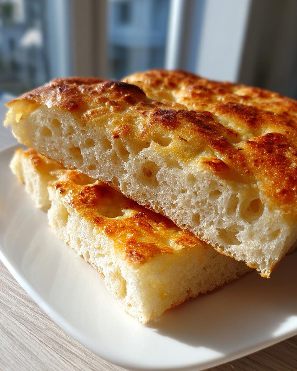 Close-up of two slices of Irresistible Easy Cottage Cheese Flatbread on a white plate, showing its airy texture and golden crust.