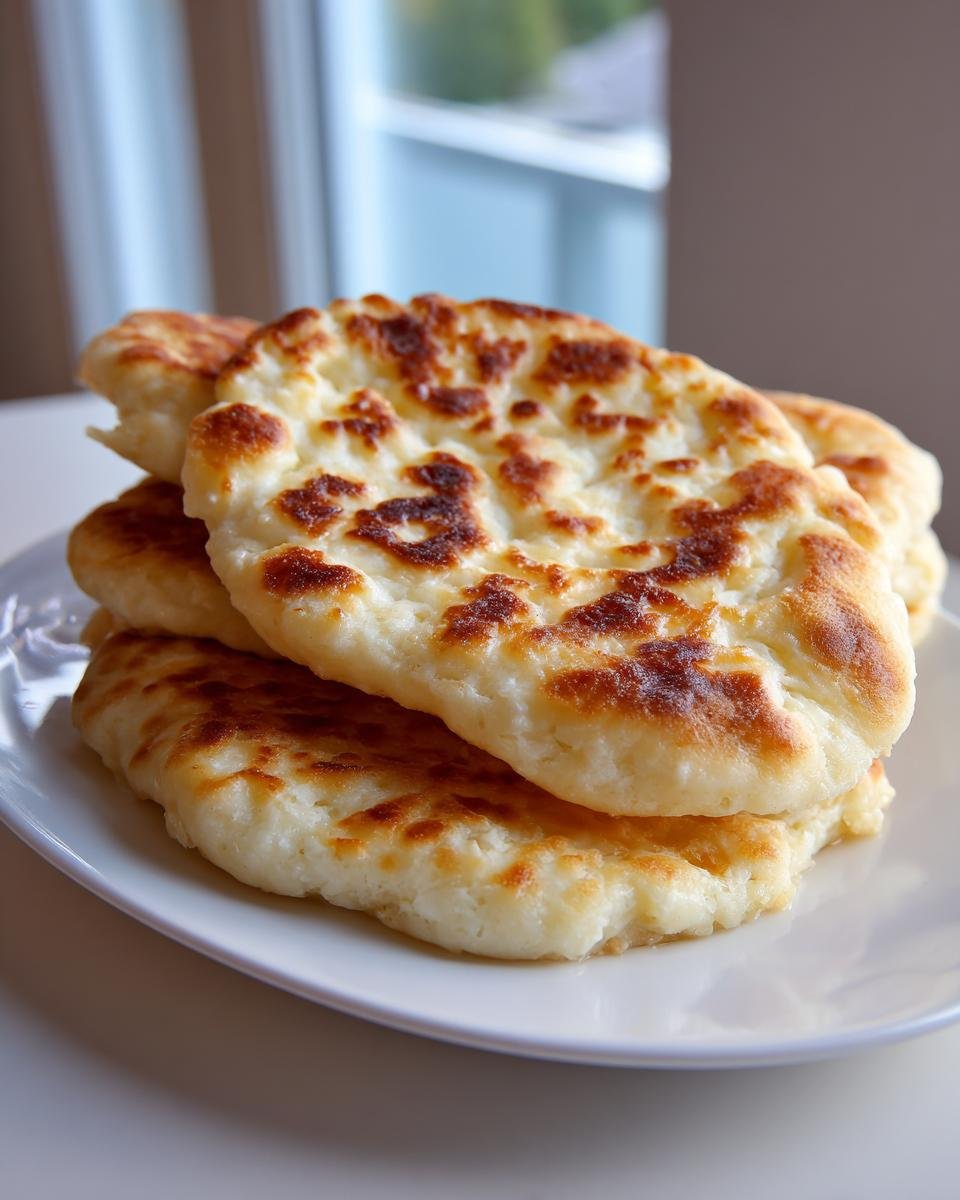 A stack of golden-brown, fluffy cottage cheese flatbreads on a white plate, ready to be enjoyed.