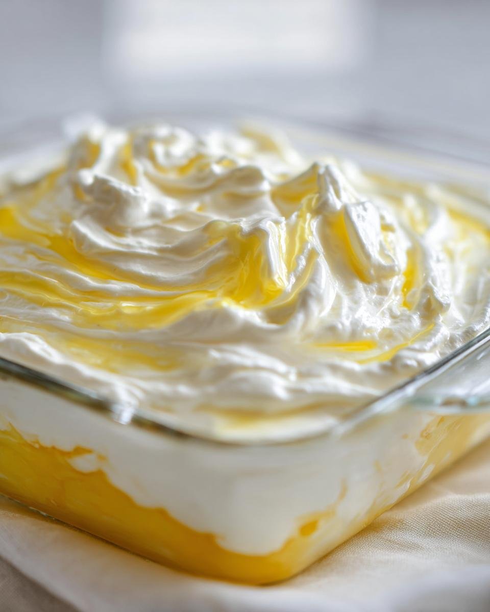 A close-up of a glass dish filled with creamy white topping swirled with yellow liquid, over a layer of yellow gelatin. This is a Cream Cheese Gelatin dessert.