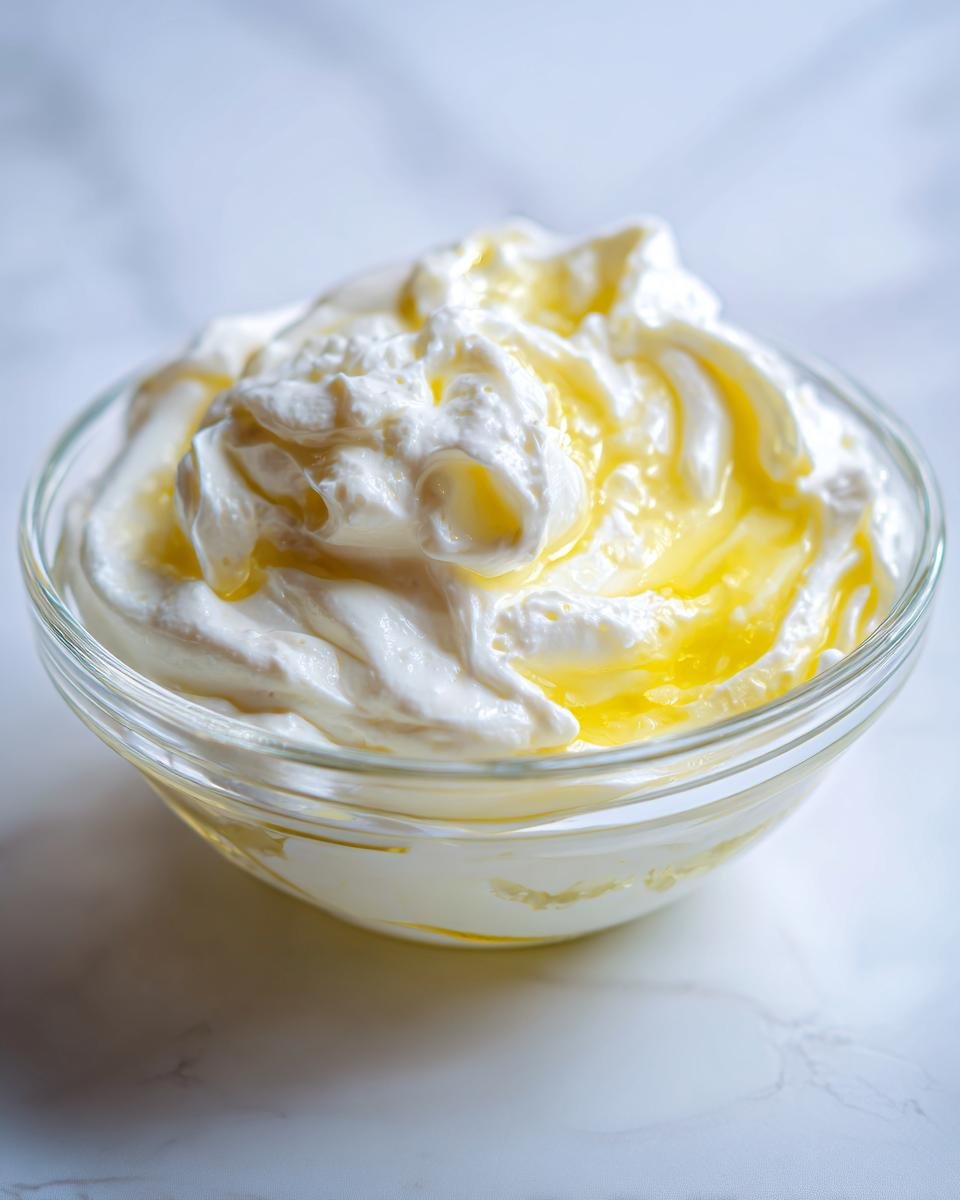 A close-up of a bowl filled with a creamy white mixture, likely Cream Cheese Gelatin, with swirls of yellow liquid.