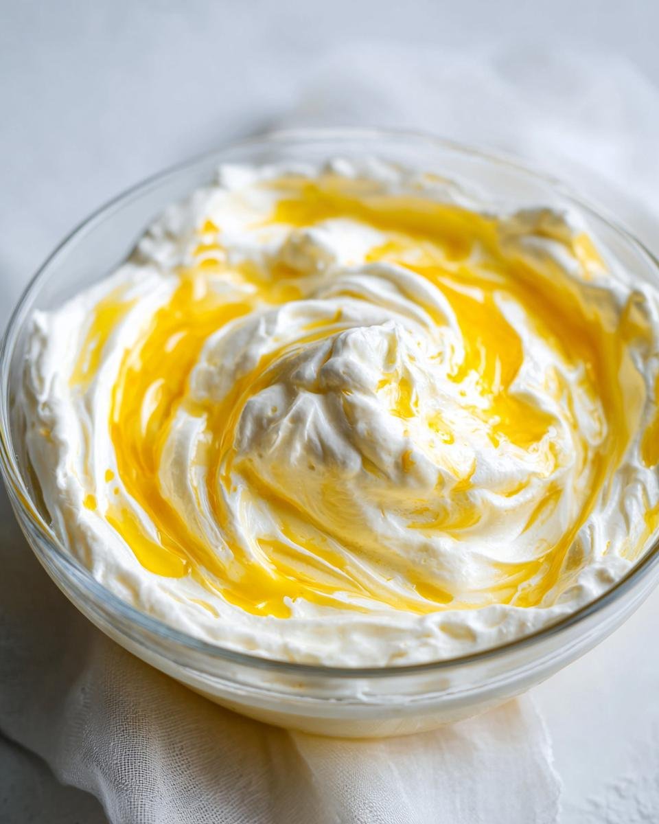 Close-up of a glass bowl filled with fluffy cream cheese gelatin mixture, swirled with a bright yellow liquid.