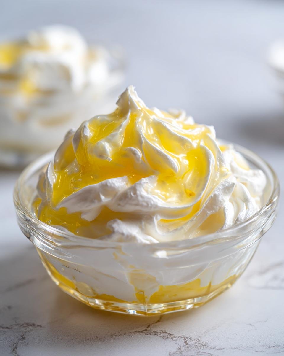 Close-up of a serving of cream cheese gelatin dessert topped with a bright yellow sauce.