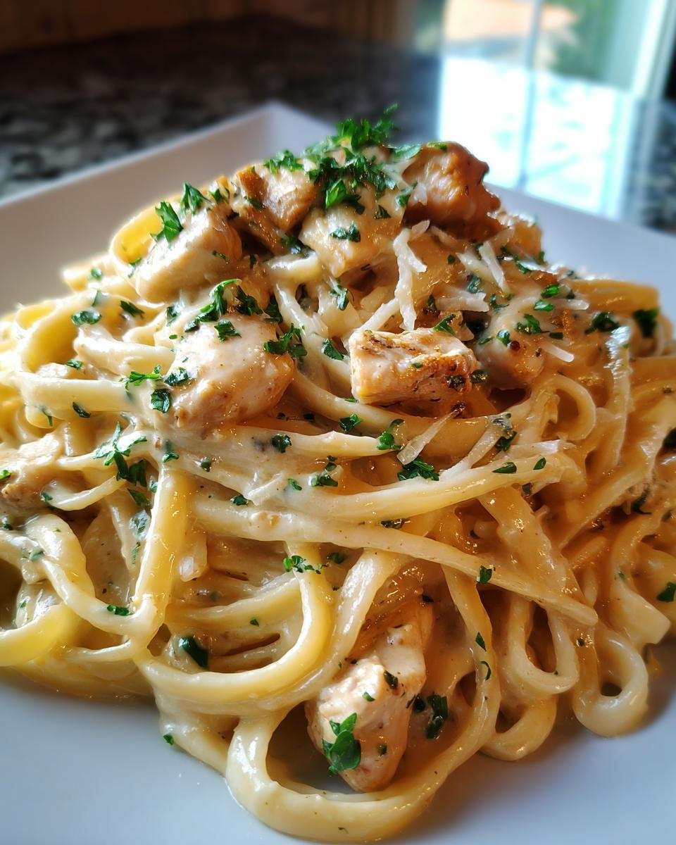 Close-up of Creamy Chicken Pasta with White Wine Parmesan Sauce, garnished with parsley and shredded Parmesan.