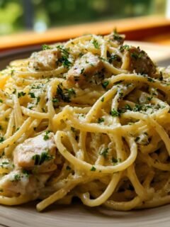 A plate of Creamy Chicken Pasta with White Wine Parmesan Sauce, garnished with fresh parsley.