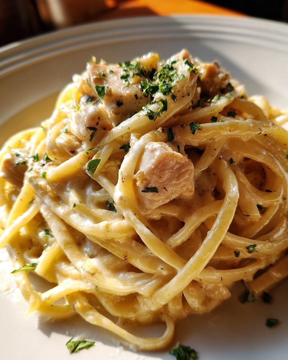 Close-up of creamy chicken pasta with white wine parmesan sauce, garnished with parsley.