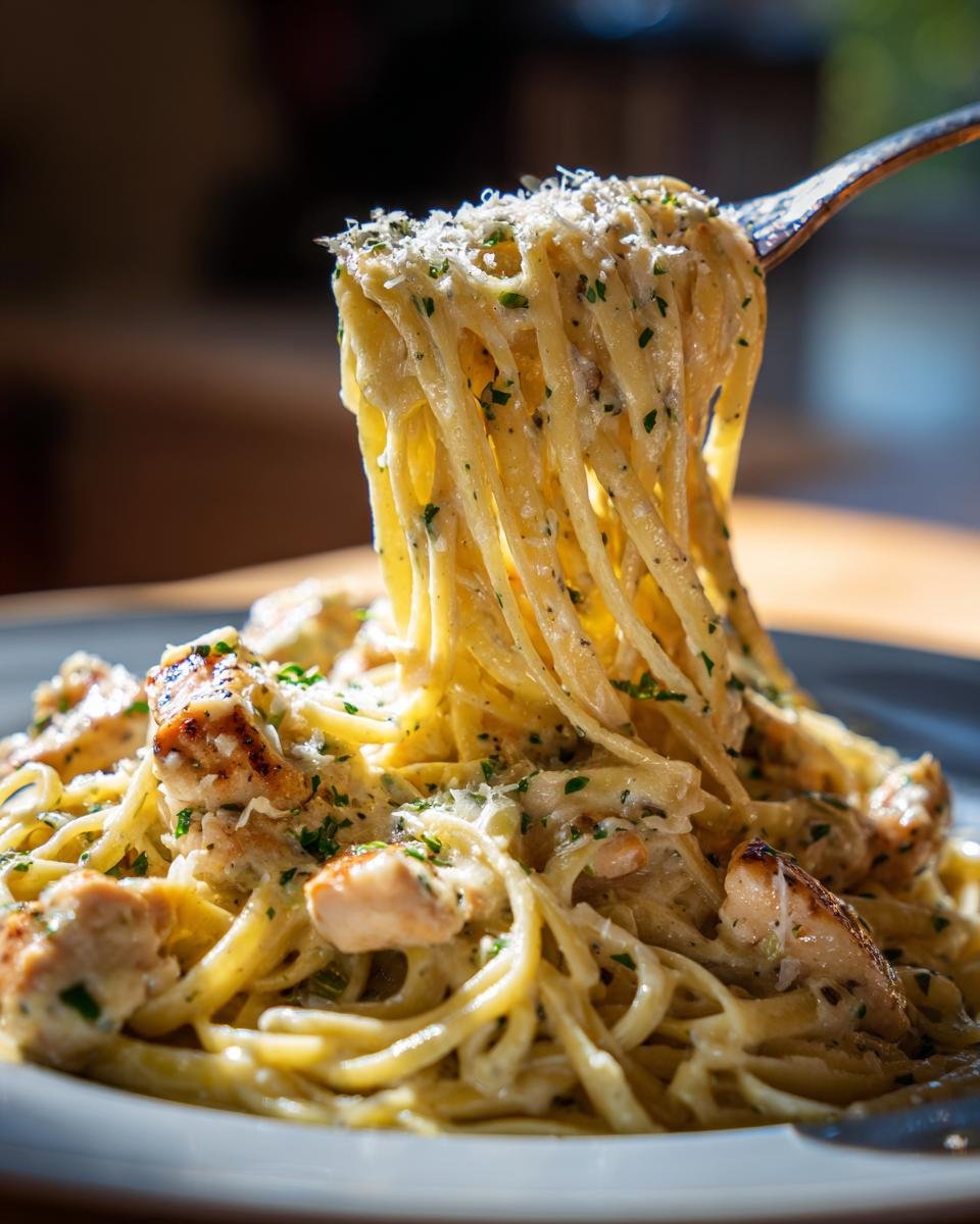 A fork lifting a generous portion of Creamy Chicken Pasta with White Wine Parmesan Sauce, garnished with parsley and Parmesan cheese.