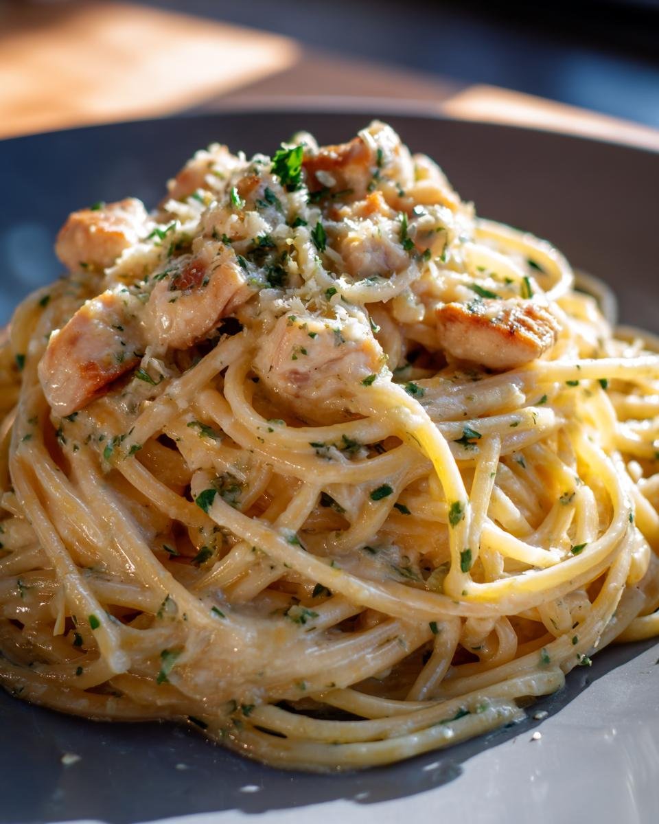 A close-up of Creamy Chicken Pasta with White Wine Parmesan Sauce, topped with herbs and grated cheese.