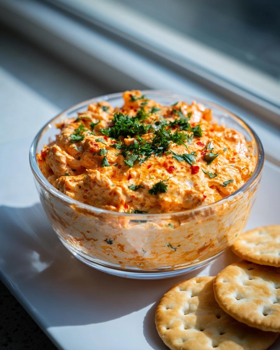 A bowl of creamy red paper treats dip garnished with parsley, served with round crackers.
